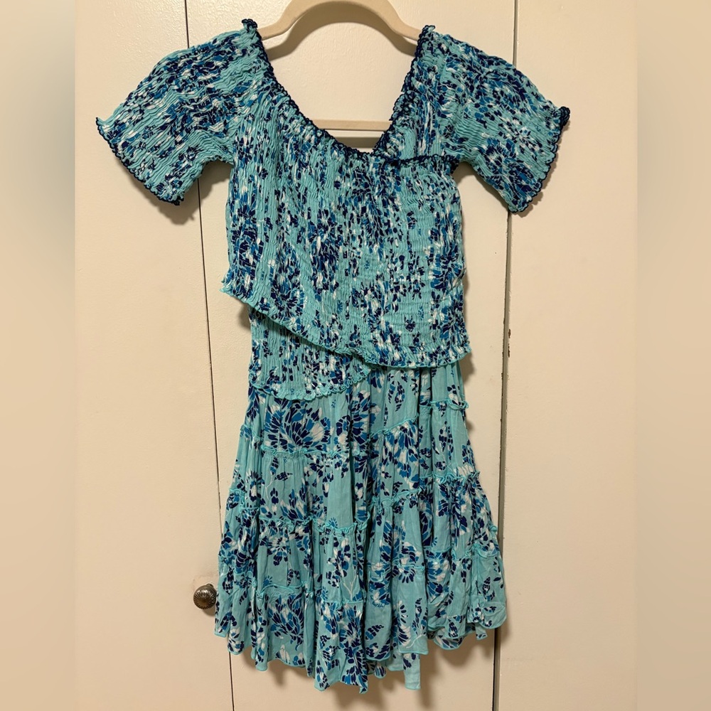 Poupette St Barth Soledad Floral Smocked Minidress in a blue floral Sz XS NWT